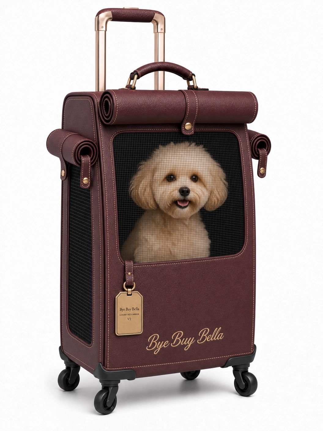 A small dog looking out of the Bye Buy Bella carrier
